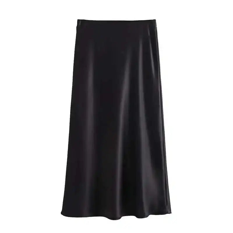 Faux Satin Mid-Calf Length High Waist Skirt