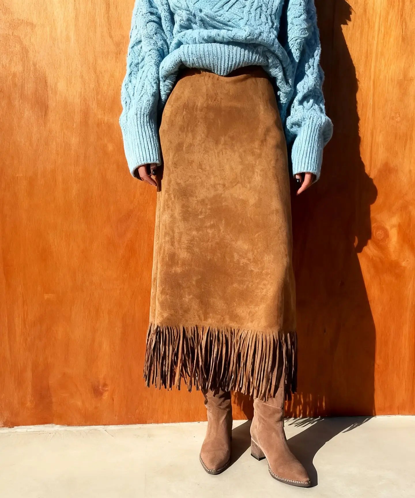 Fringed Suede Long Skirt