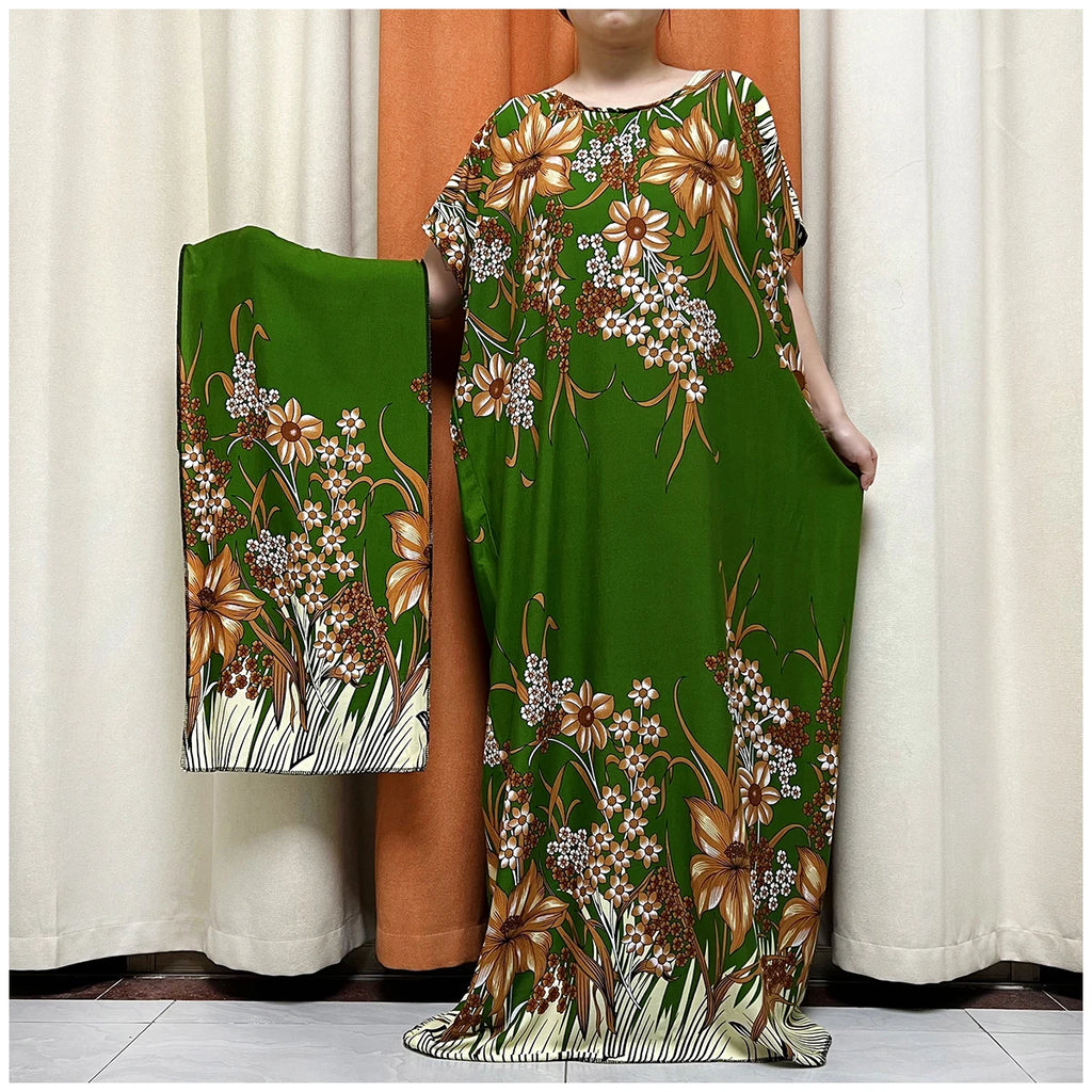 African Floral Fashion Dress With Matching Scarf