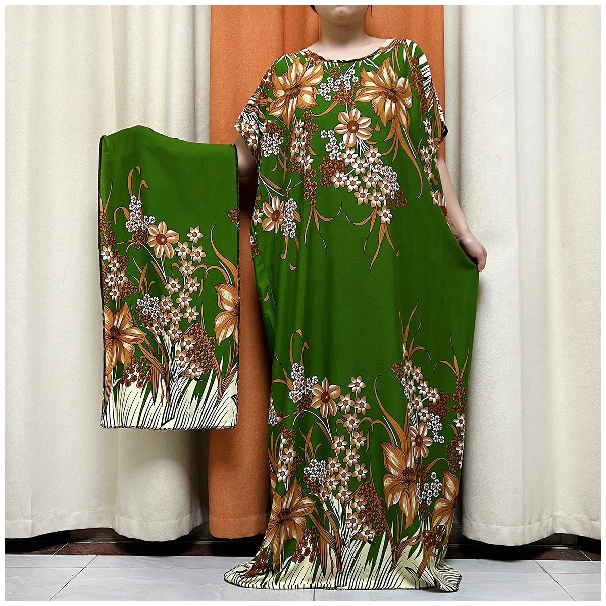 African Floral Fashion Dress With Matching Scarf