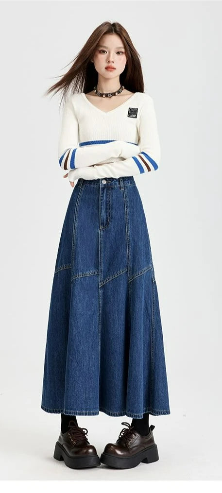 Ankle-Length High Waist Denim Jean Skirt