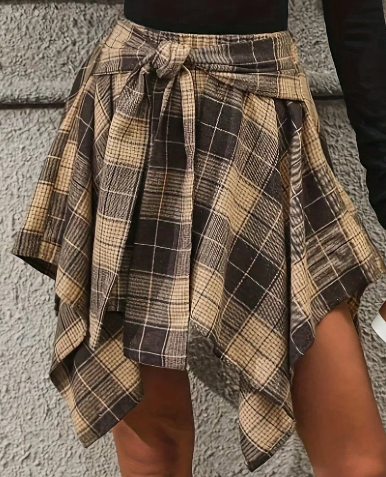 Plaid Tied Sleeves Fake Shirt Skirt