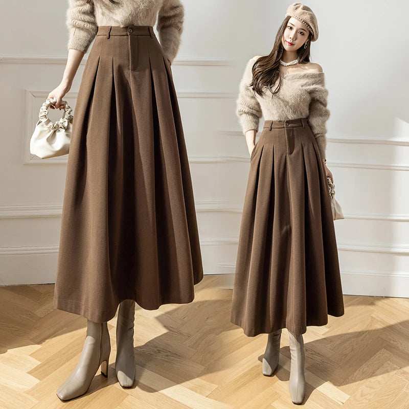 Pleated High Waist Ankle Length Pocketed Skirt