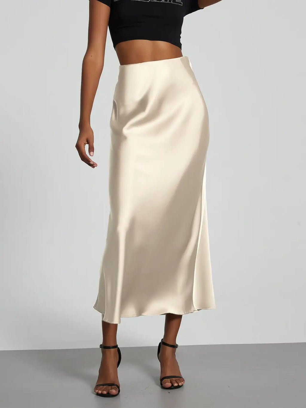 Faux Satin Mid-Calf Length High Waist Skirt