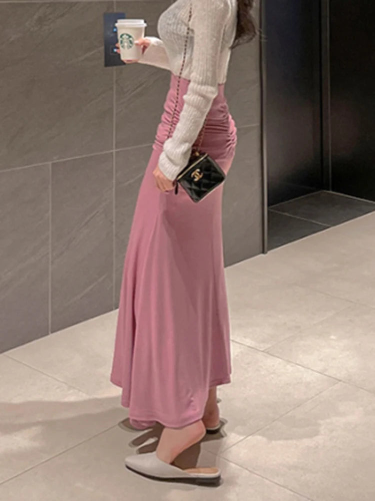 Shirred Satin High Waist Ankle Length Skirt