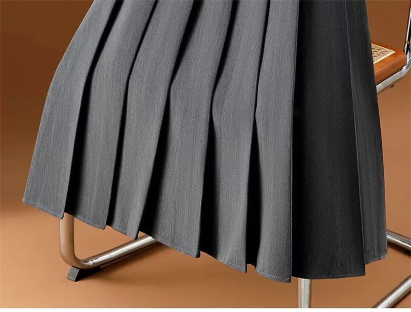 Long Gray Retro Slim A-Line Casual Pleated Skirt
