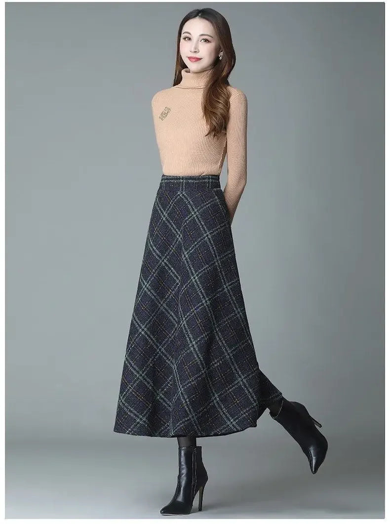 Plaid Woolen High-Waist Zippered Skirt