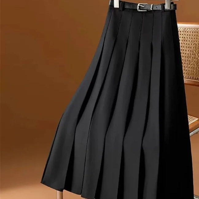 Long Gray Retro Slim A-Line Casual Pleated Skirt
