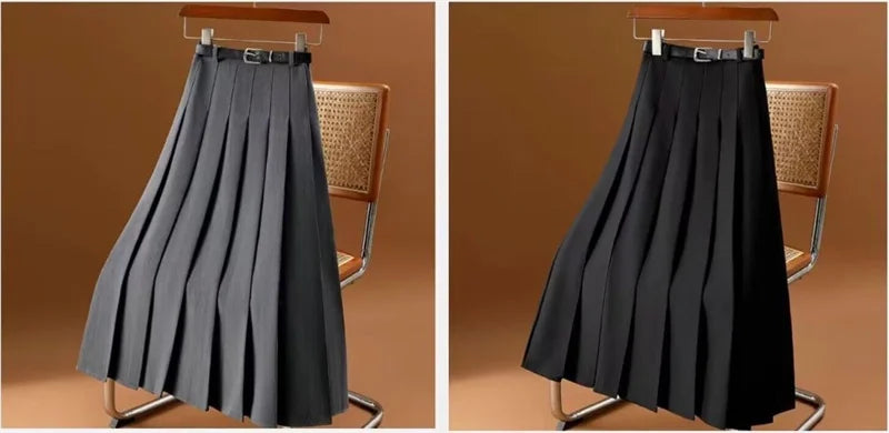 Long Gray Retro Slim A-Line Casual Pleated Skirt