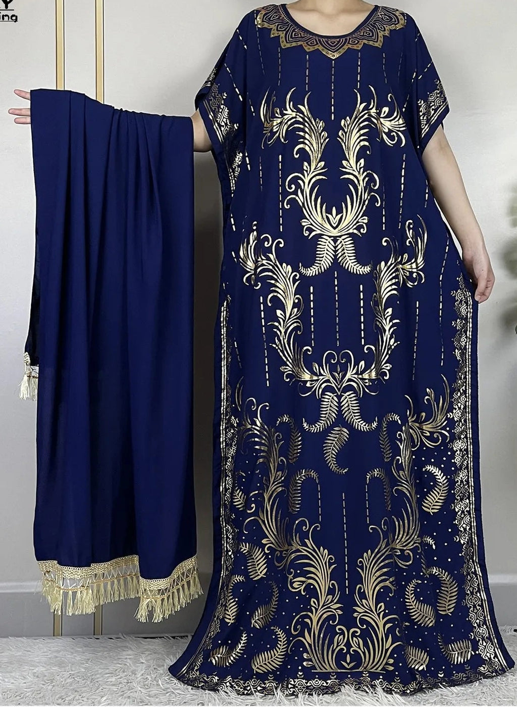 Casual Short Sleeve Soft Cotton Maxi Dress With Scarf