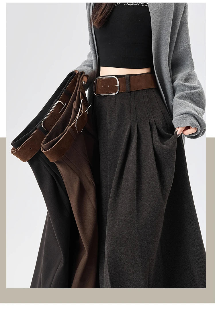Woolen Mid-Length Pleated Skirt With Belt