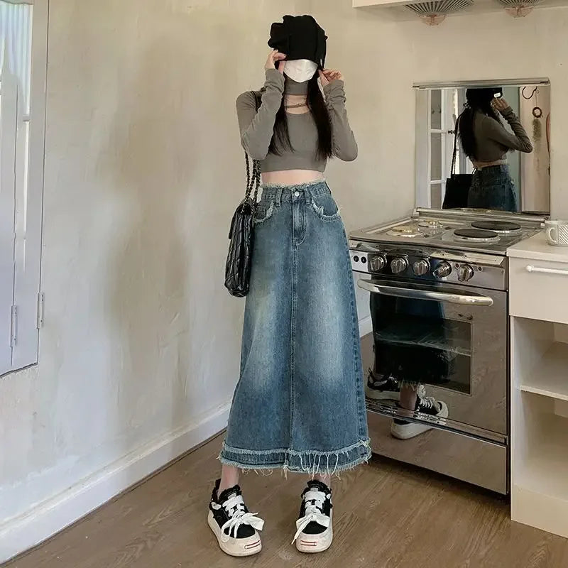 Fringed Denim High-Waist Jean Skirt