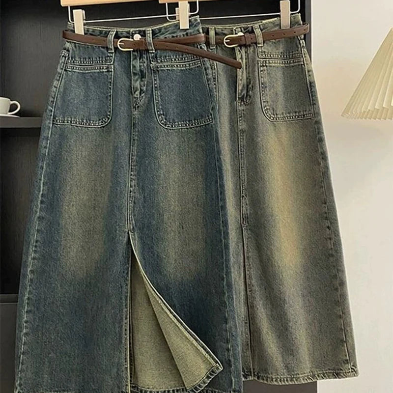 Mid-Length Split Denim High Waist Jean Skirt