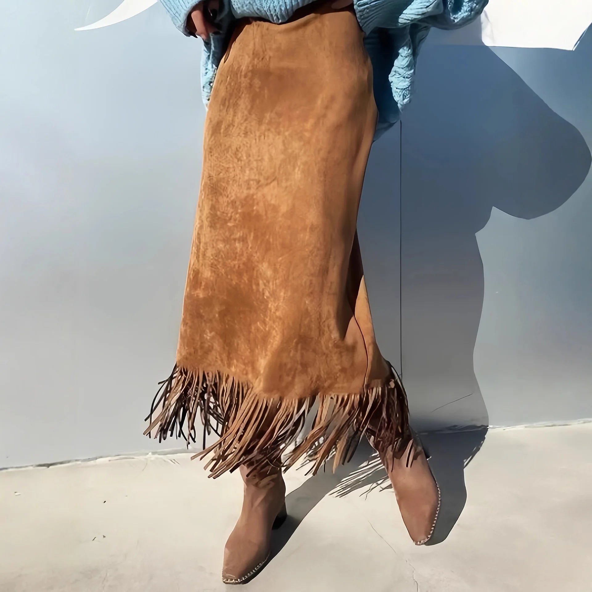 Fringed Suede Long Skirt