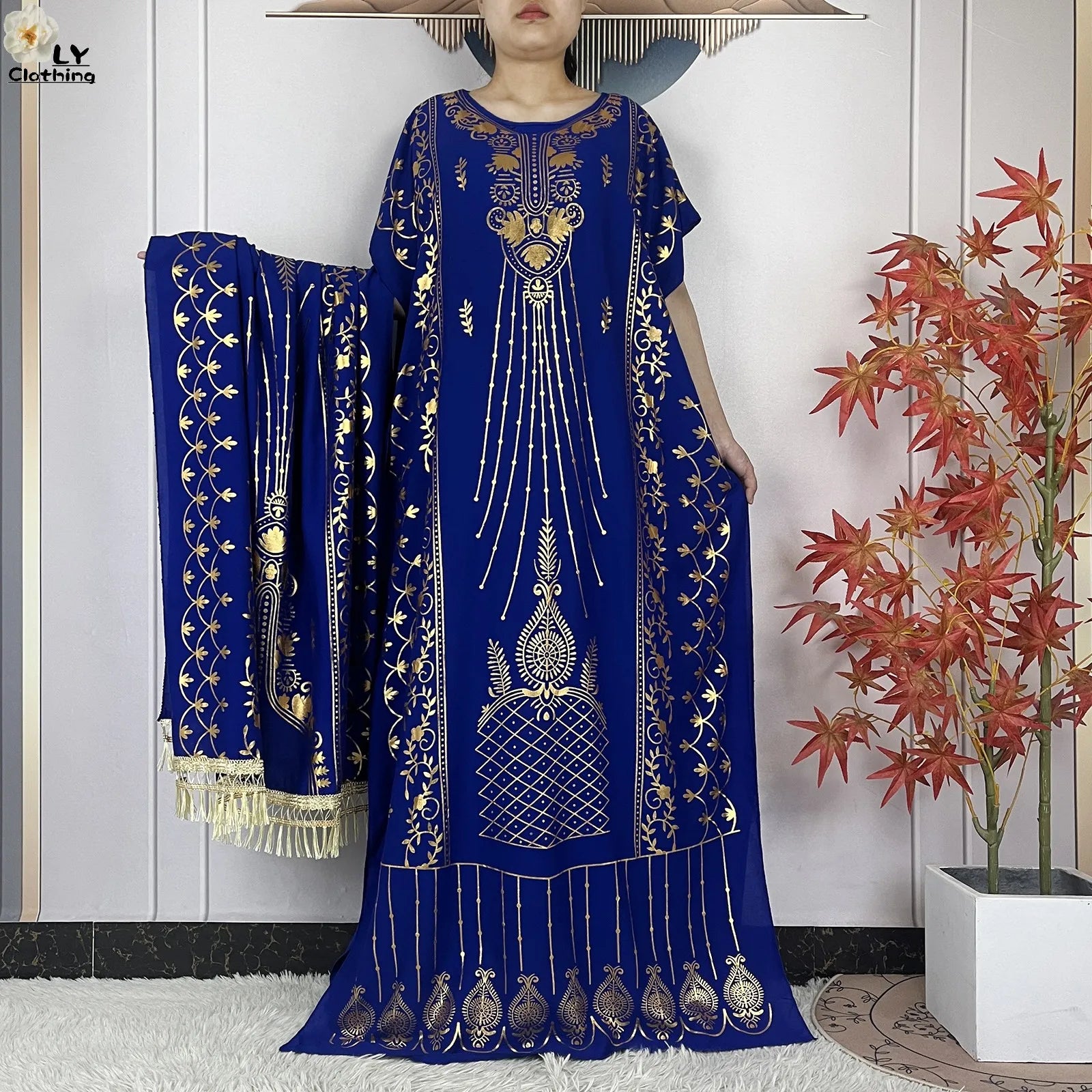 Casual Short Sleeve Soft Cotton Maxi Dress With Scarf