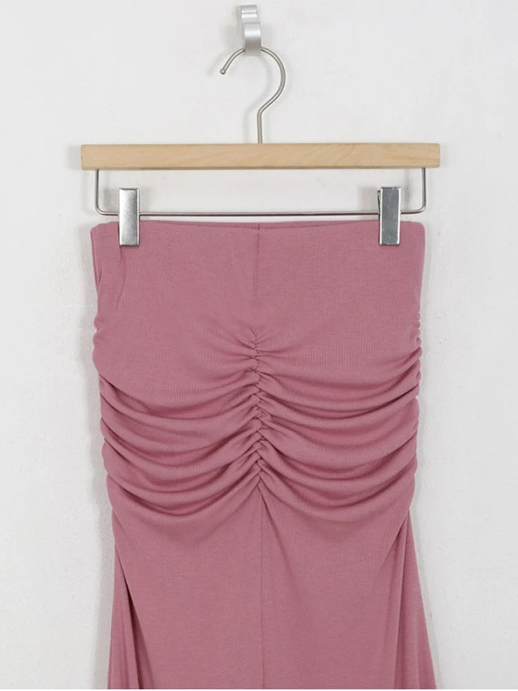 Shirred Satin High Waist Ankle Length Skirt