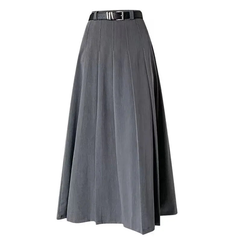 Long Gray Retro Slim A-Line Casual Pleated Skirt