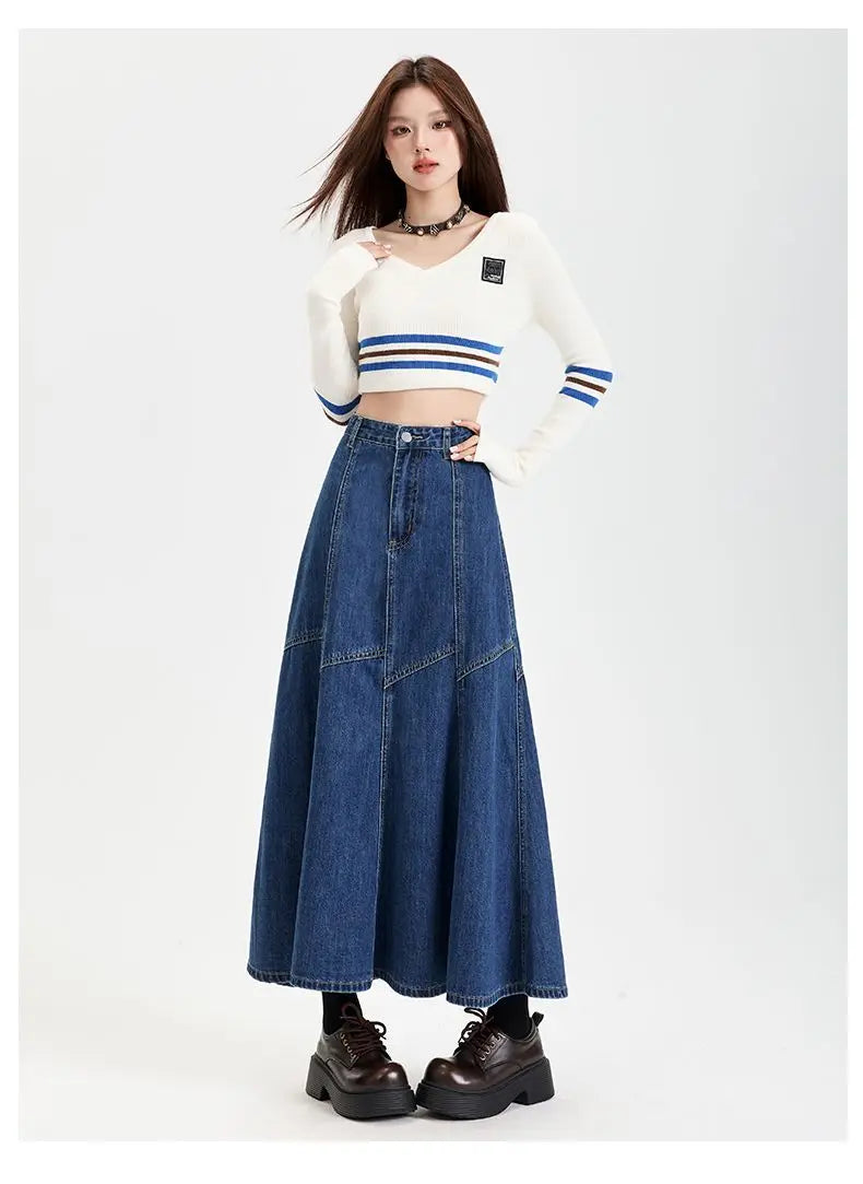 Ankle-Length High Waist Denim Jean Skirt