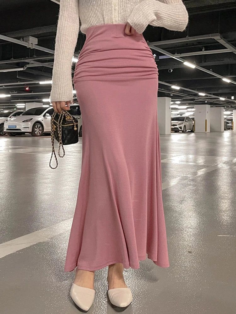 Shirred Satin High Waist Ankle Length Skirt
