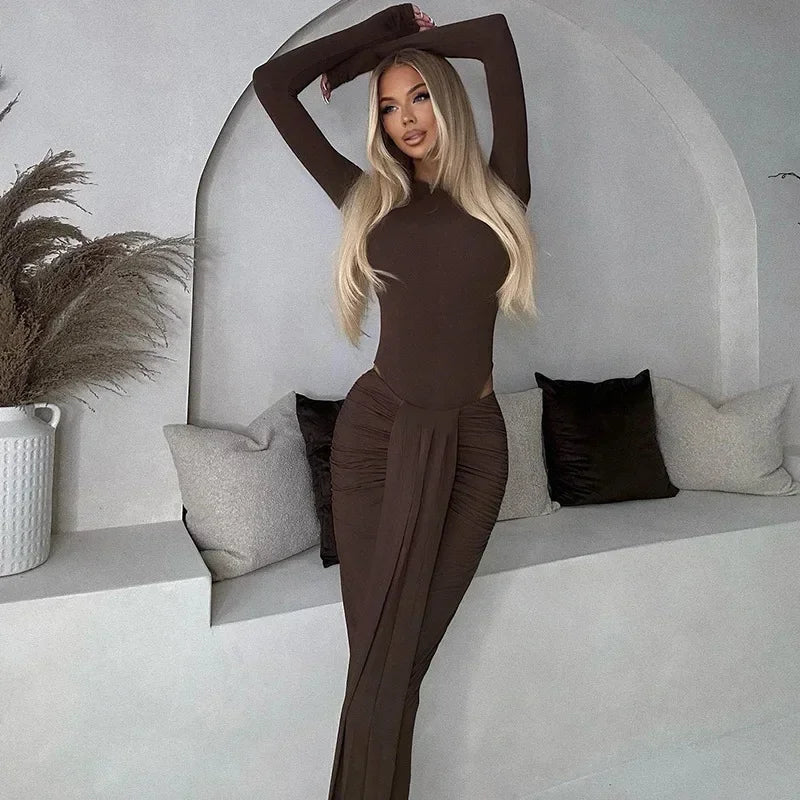 2 Piece-Set Maxi Pleated Skirt Outfit