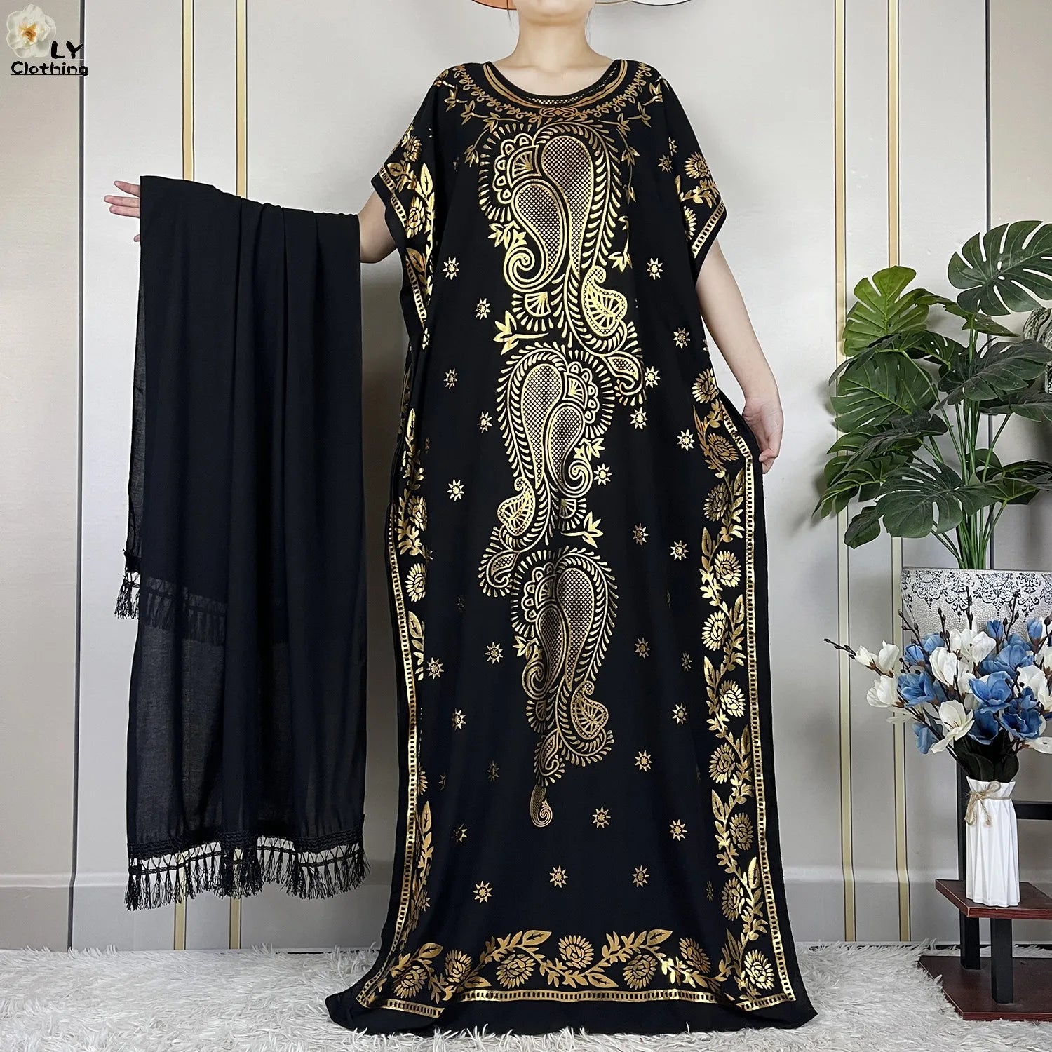 Casual Short Sleeve Soft Cotton Maxi Dress With Scarf