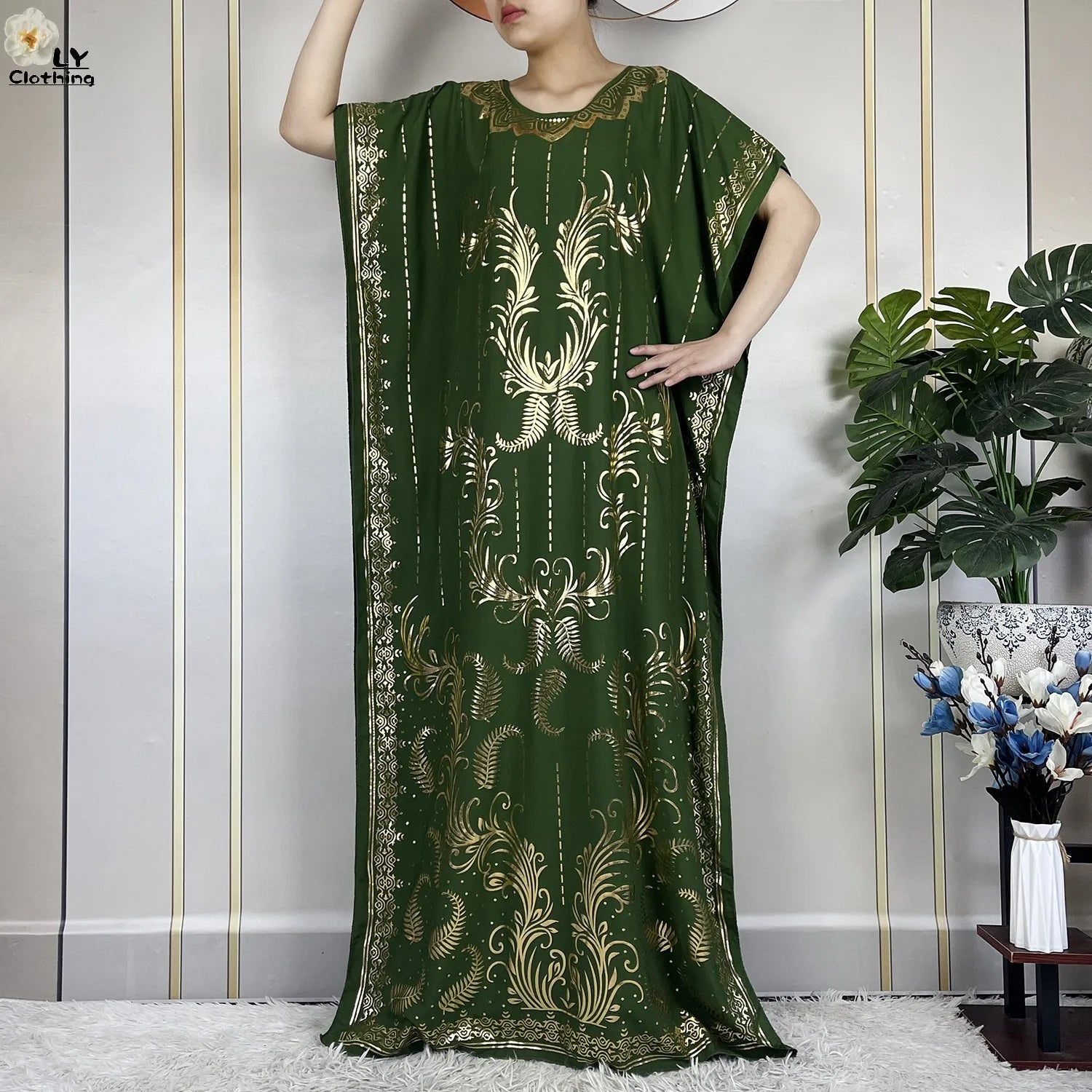 Casual Short Sleeve Soft Cotton Maxi Dress With Scarf