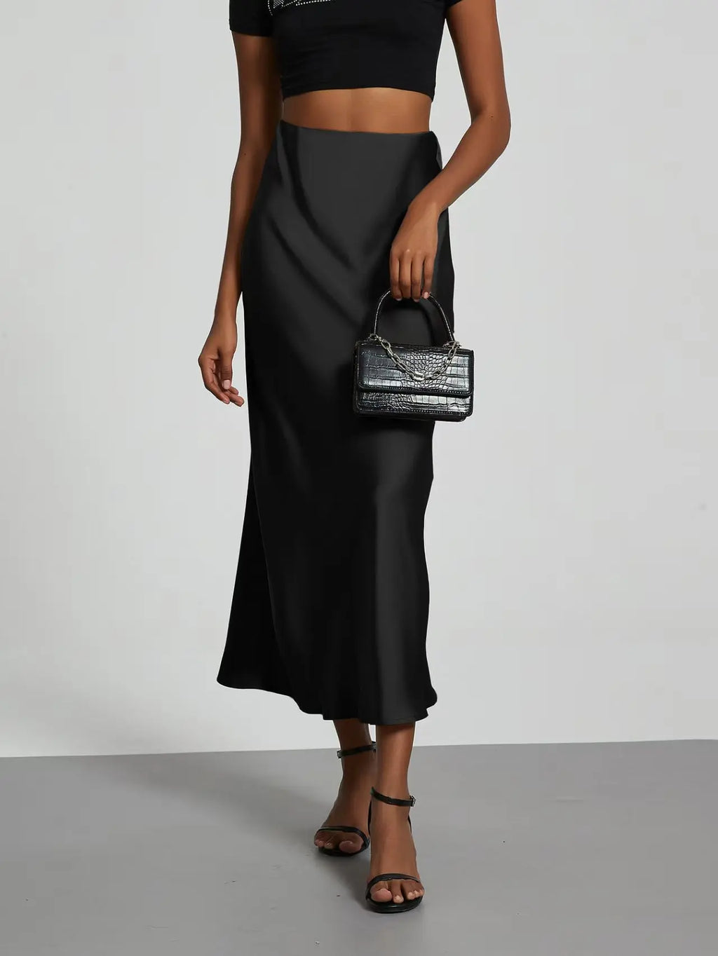 Faux Satin Mid-Calf Length High Waist Skirt