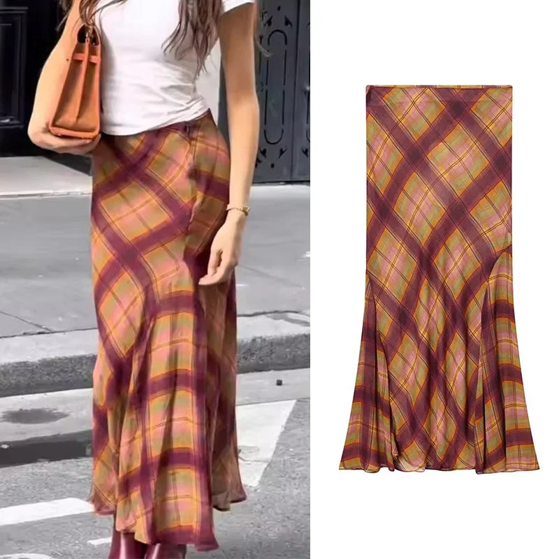 Checkered High Waist Floor Length Skirt